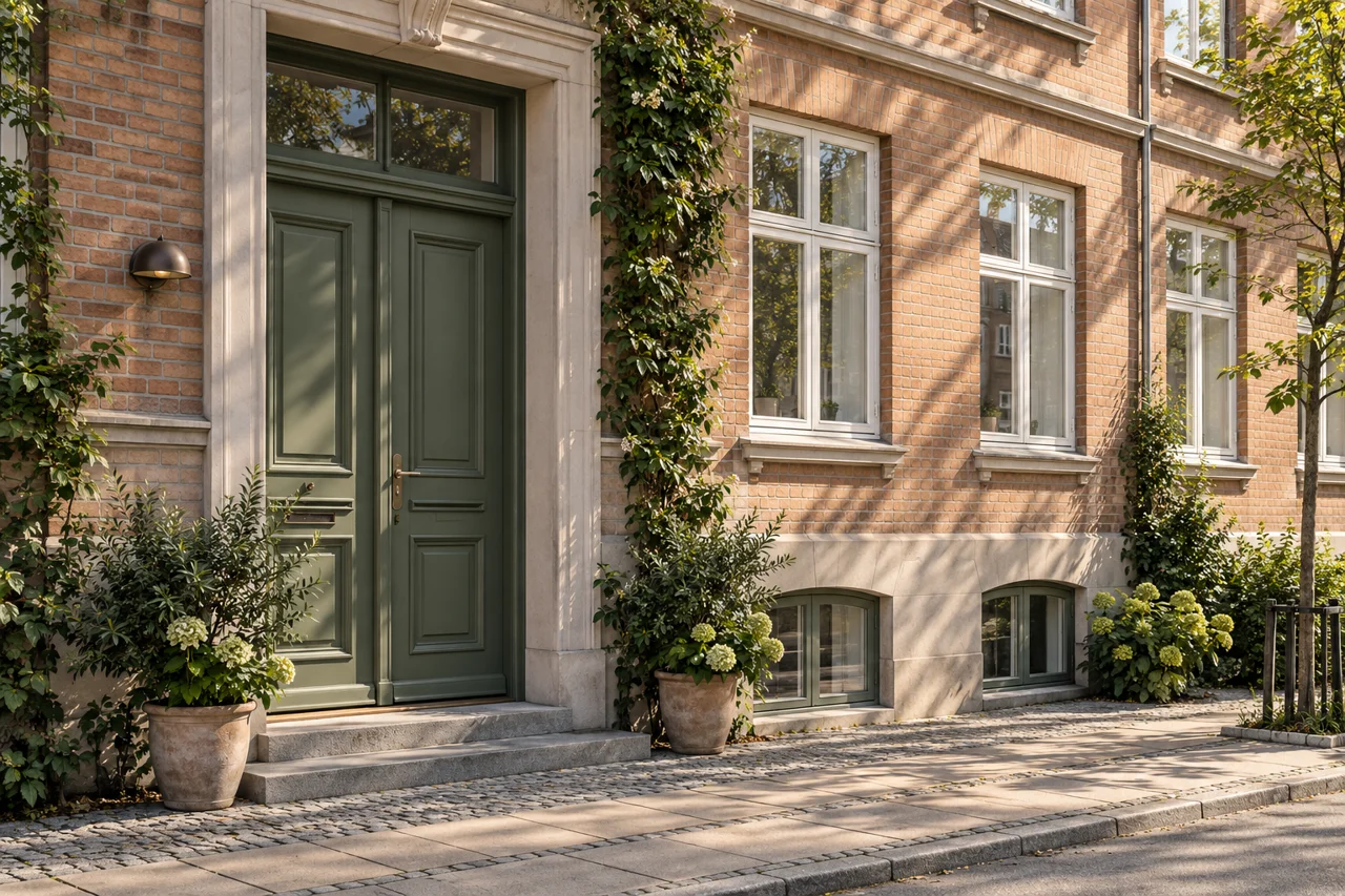 Sollys på en dansk boligfacade med grøn indgangsdør