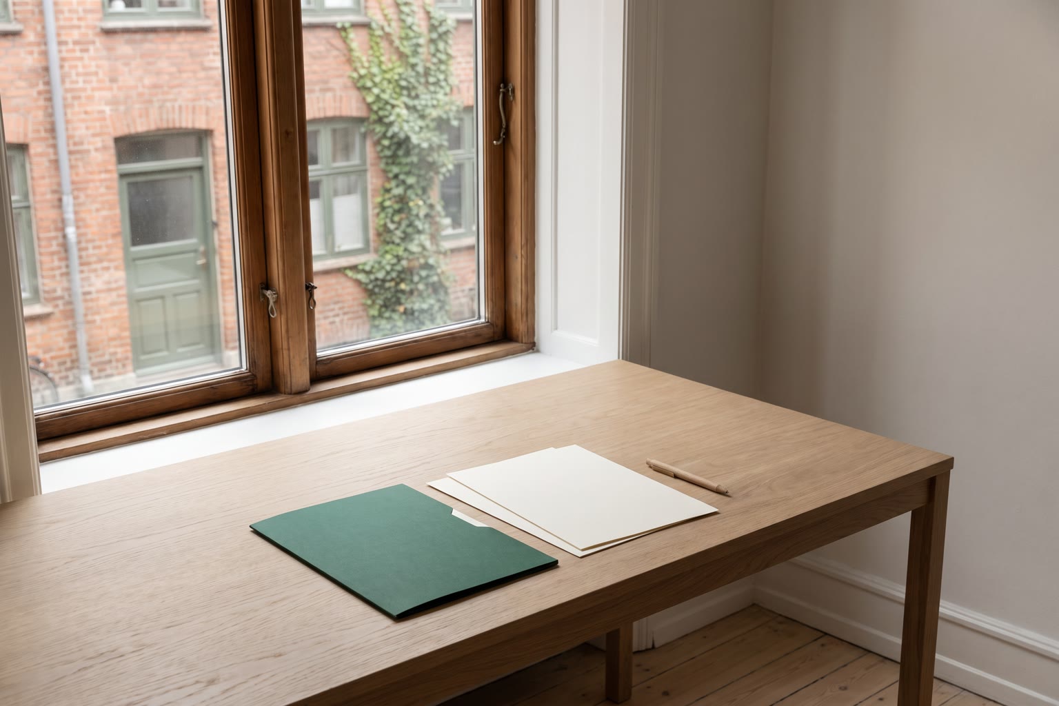 Grøn dokumentmappe og blanke ark på et arbejdsbord ved et vindue mod en dansk boligkarre.